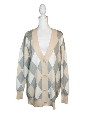 NEW Evereve Pippa V Neck Cardigan in Gray Multi Argyle Size Small